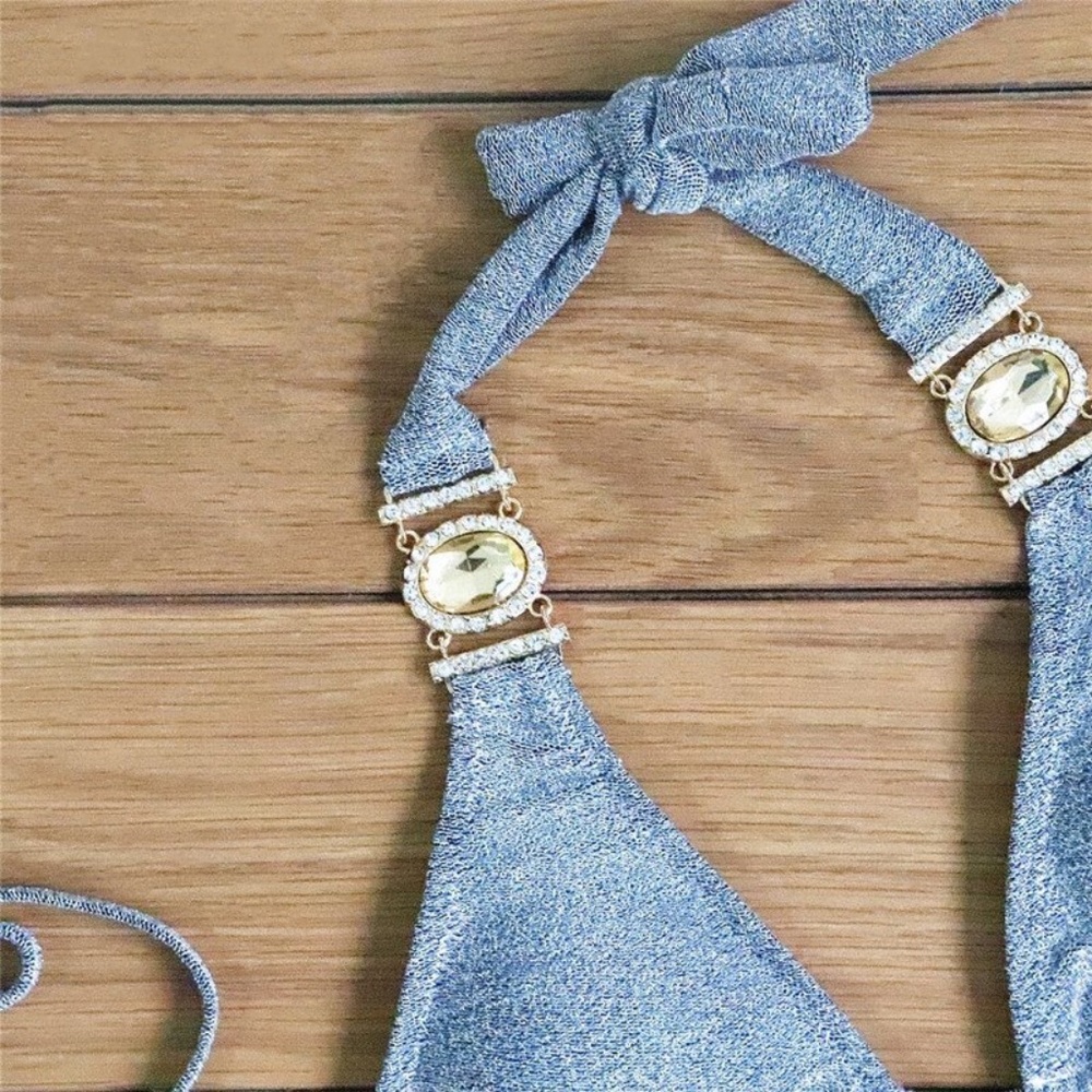 Jewelled 2 Piece Glitter Lurex Bikini Swimsuit - Picture 7 of 11